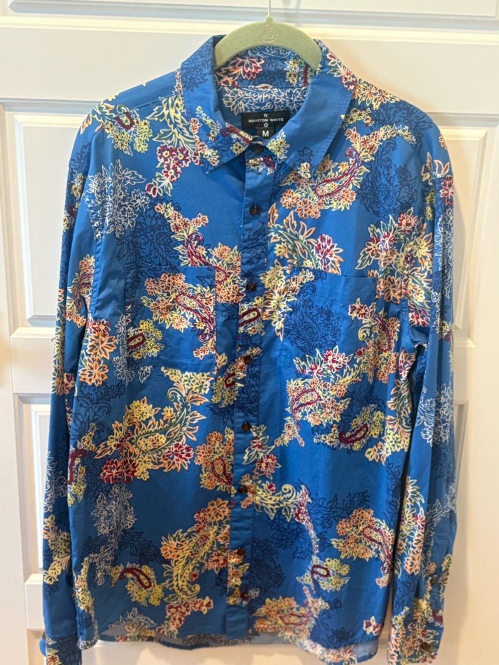 Houston White Blue Paisley Floral Print Mens Button Down Shirt